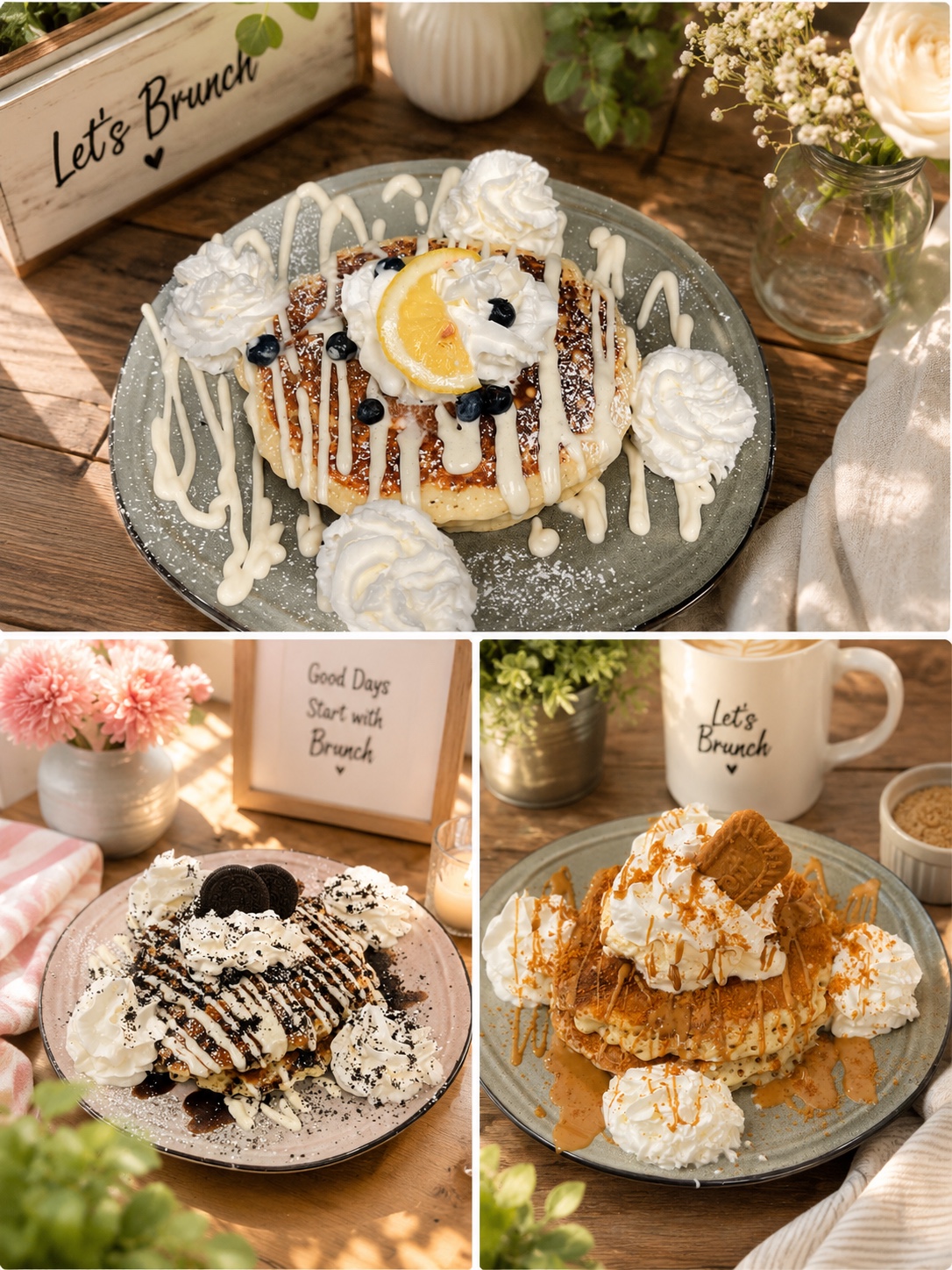 A selection of beautifully plated Let's Brunch pancakes